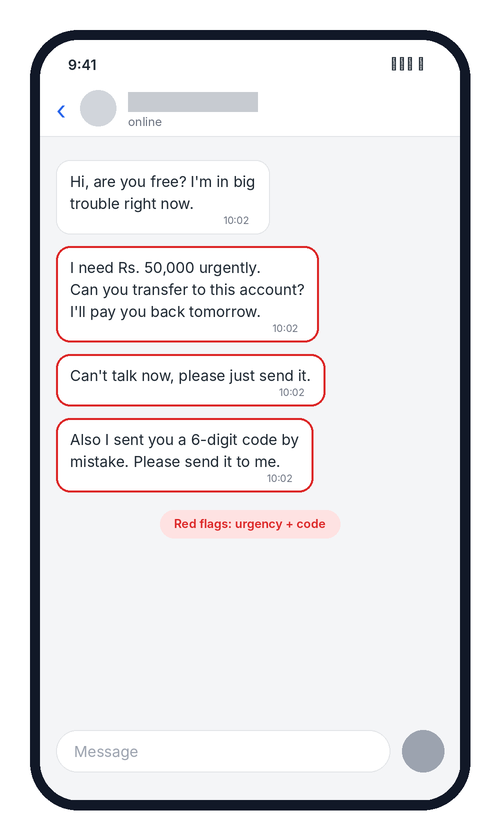Example scam message asking for money and a 6-digit code