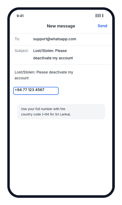 Deactivation email to support@whatsapp.com with the subject and number filled in