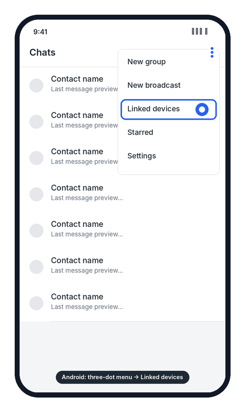 Android: three-dot menu with Linked devices highlighted