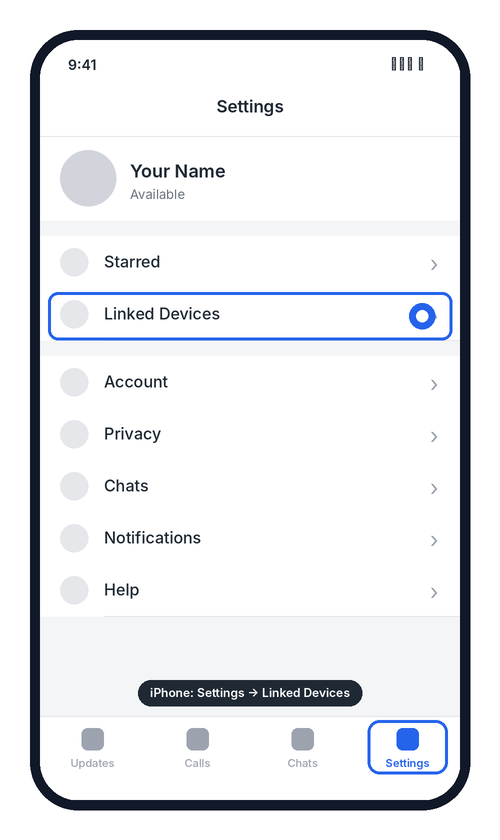 iPhone: Settings with Linked Devices highlighted