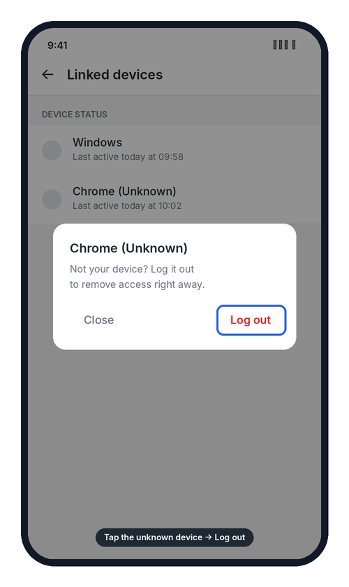 Linked devices list with the Log out option for an unknown device
