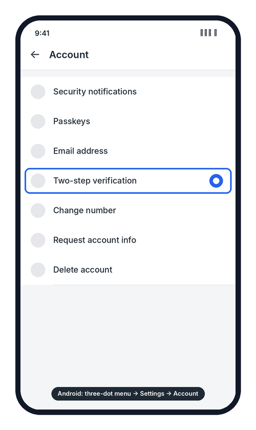 Android: Account settings with Two-step verification highlighted
