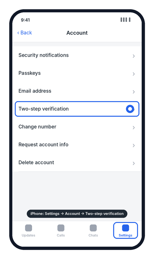 iPhone: Account settings with Two-step verification highlighted